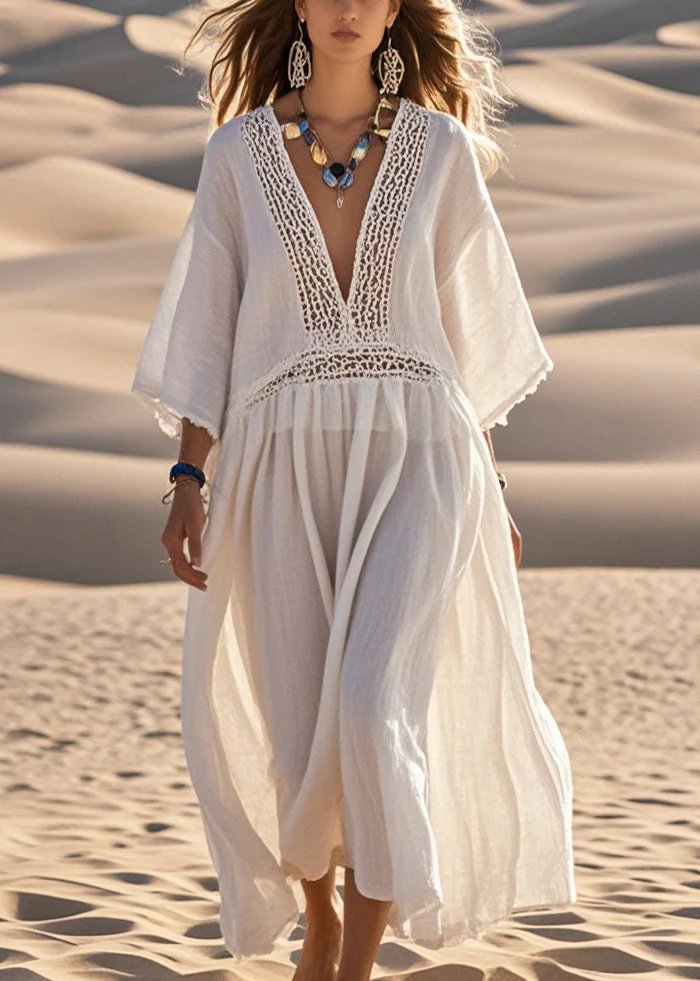 Women White Oversized Patchwork Hollow Out Cotton Dress Bracelet Sleeve - Image 5