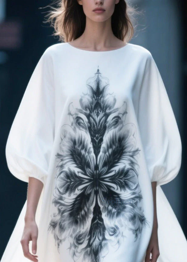 Women White Oversized Print Chiffon Vacation Dresses Puff Sleeve - Image 2