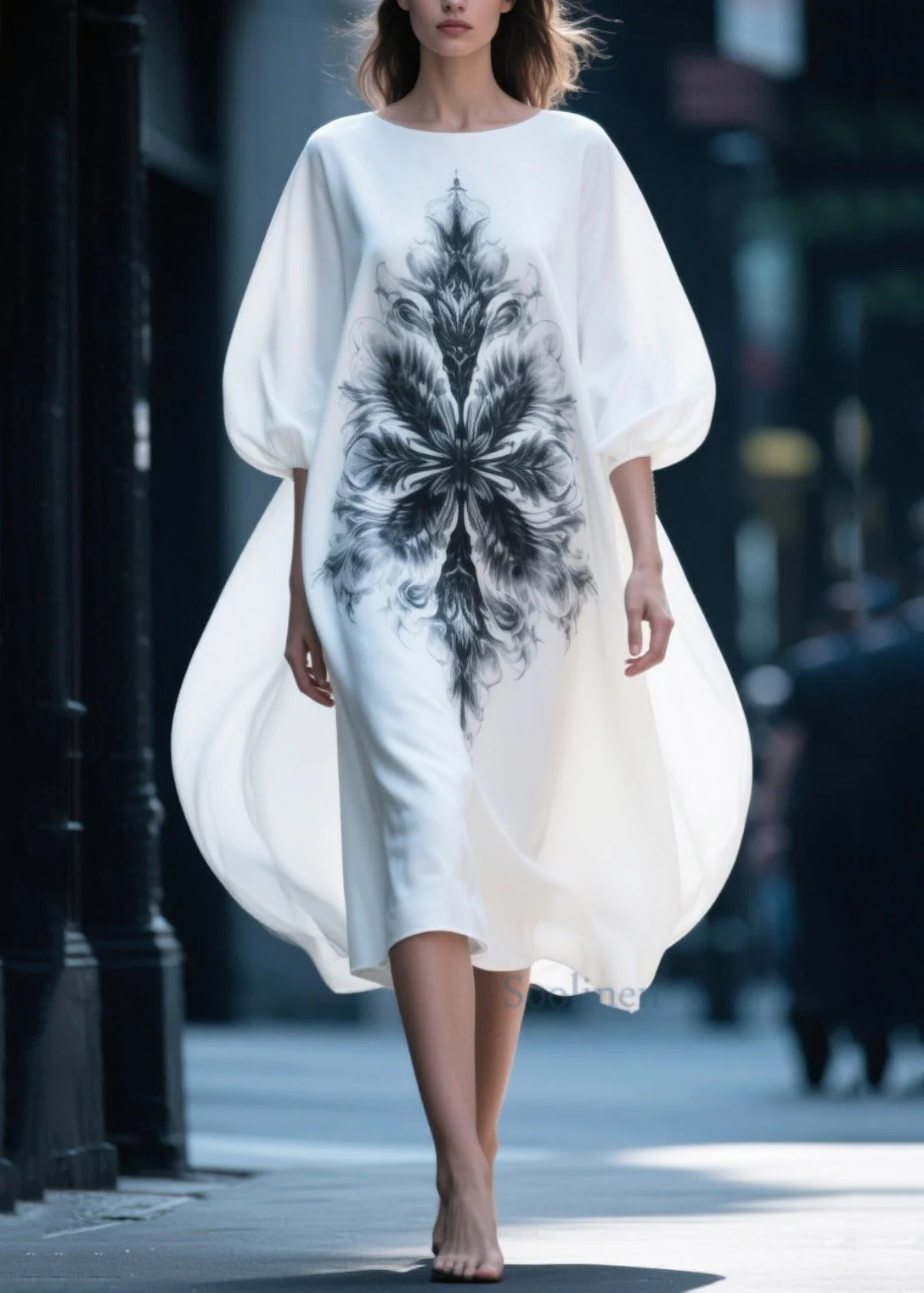 Women White Oversized Print Chiffon Vacation Dresses Puff Sleeve - Image 3
