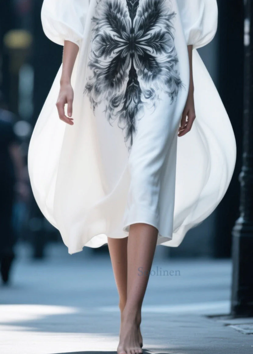 Women White Oversized Print Chiffon Vacation Dresses Puff Sleeve - Image 4