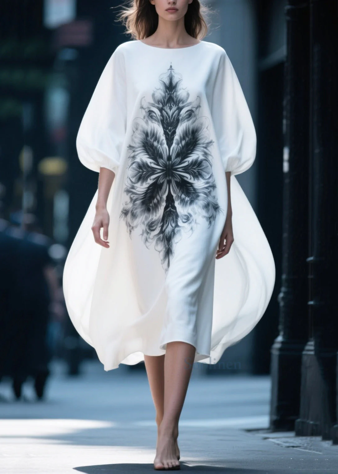 Women White Oversized Print Chiffon Vacation Dresses Puff Sleeve - Image 5