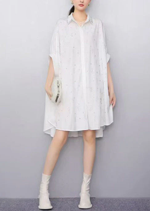 Women White Oversized Rhinestone Cotton Shirt Dress Summer - Image 3