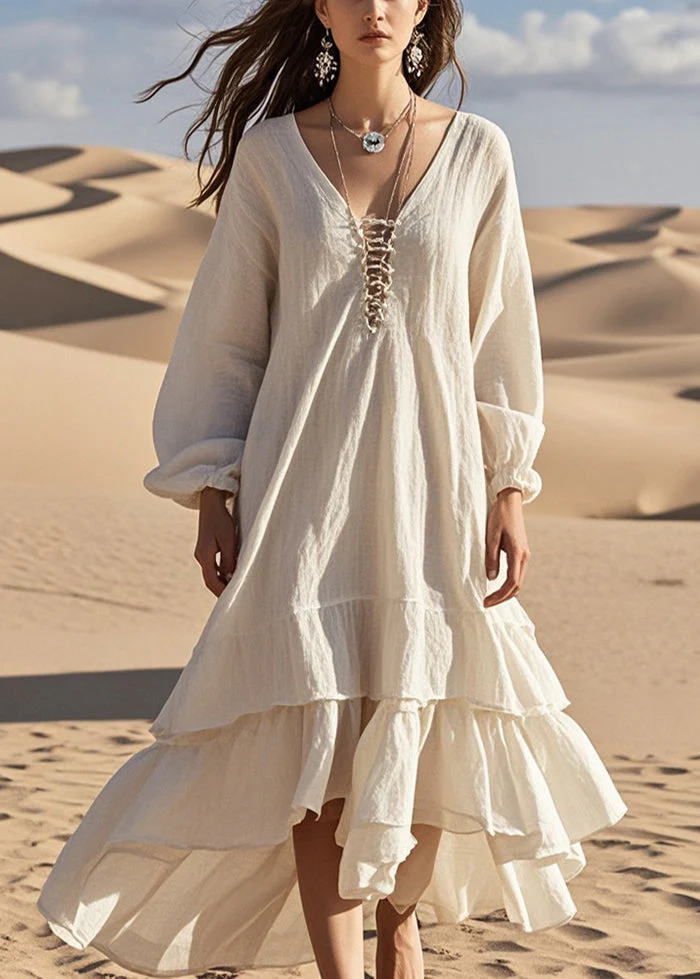 Women White Oversized Ruffles Cotton Long Dress Spring