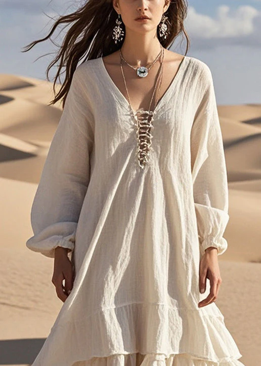 Women White Oversized Ruffles Cotton Long Dress Spring - Image 2