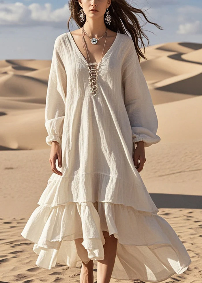 Women White Oversized Ruffles Cotton Long Dress Spring - Image 3