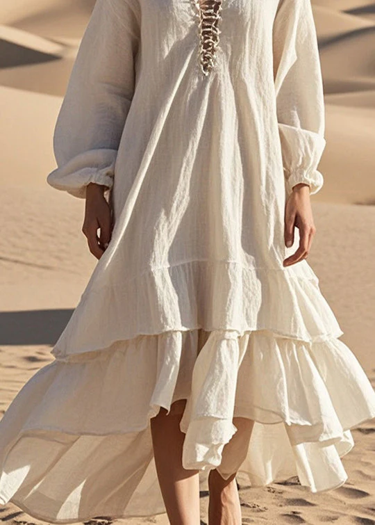 Women White Oversized Ruffles Cotton Long Dress Spring - Image 4