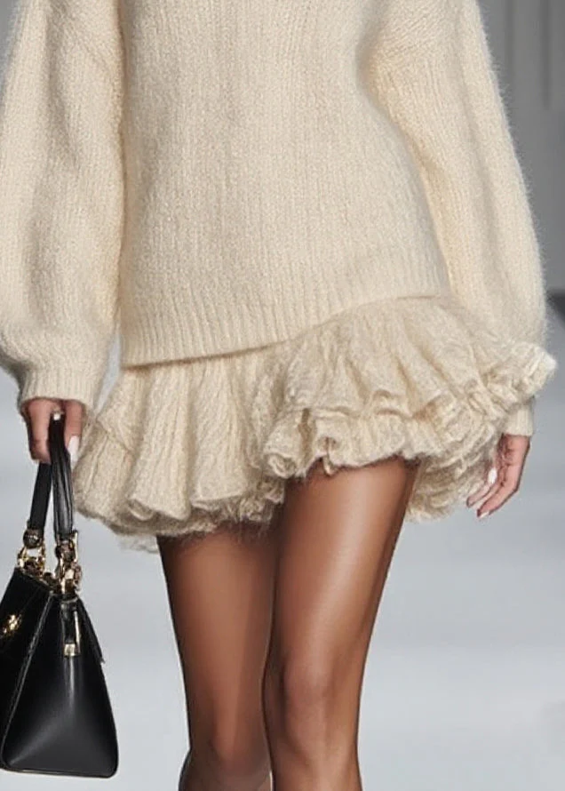 Women White Oversized Warm Knit Sweater And Skirt Two Pieces Set Spring - Image 4