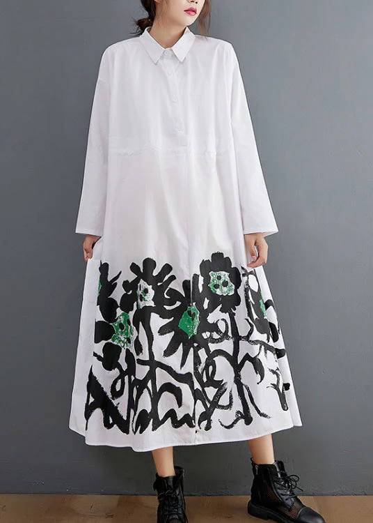 Women White Peter Pan Collar Button pockets Shirt Dress Long Sleeve - Image 2
