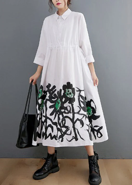 Women White Peter Pan Collar Button pockets Shirt Dress Long Sleeve - Image 3