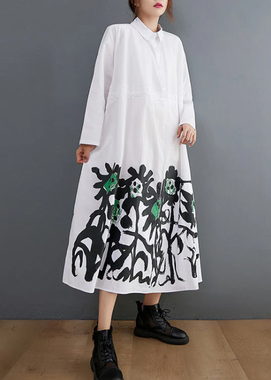 Women White Peter Pan Collar Button pockets Shirt Dress Long Sleeve - Image 4