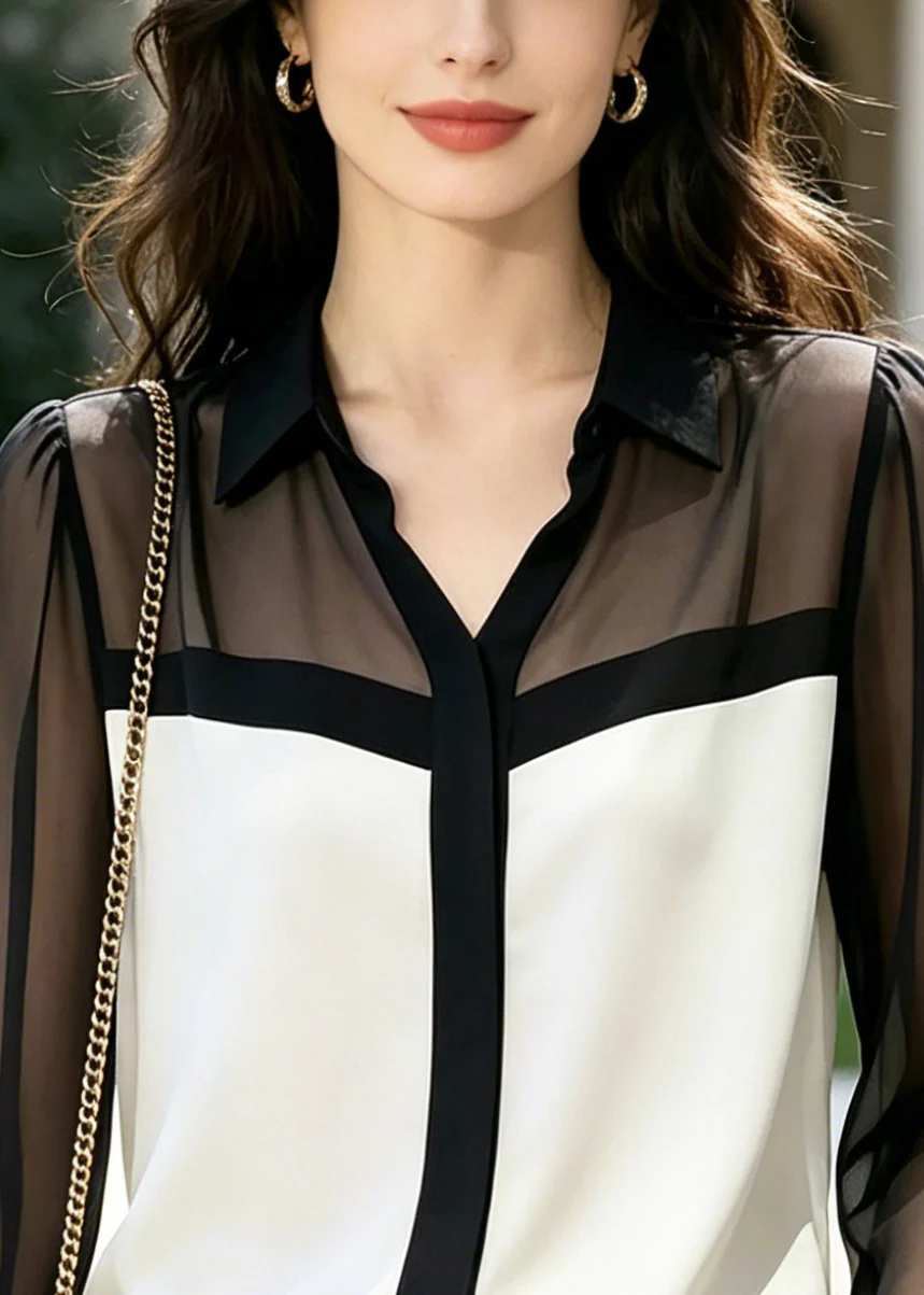 Women White Peter Pan Collar Patchwork Chiffon Shirts Summer - Image 2