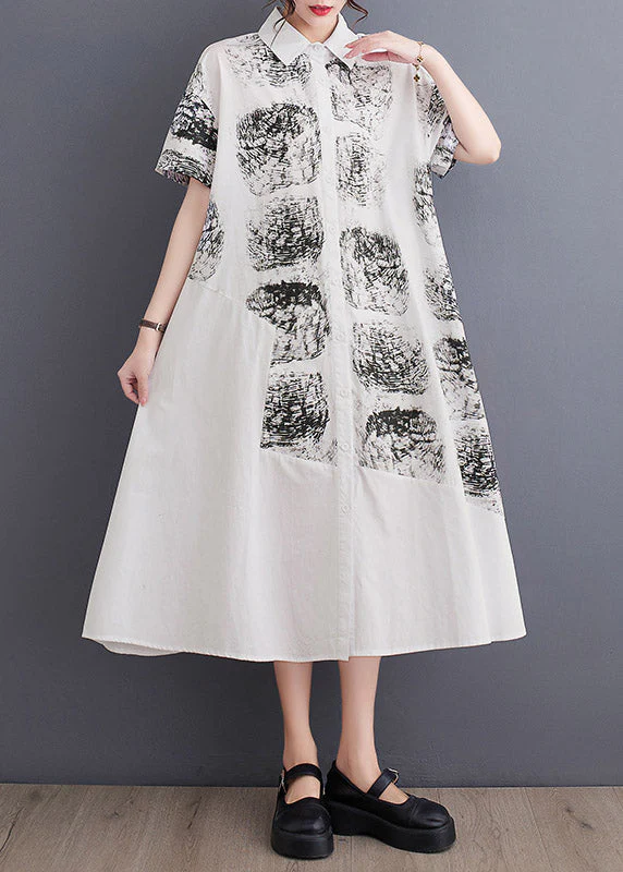 Women White Peter Pan Collar Print Long Shirt Dress Summer - Image 2