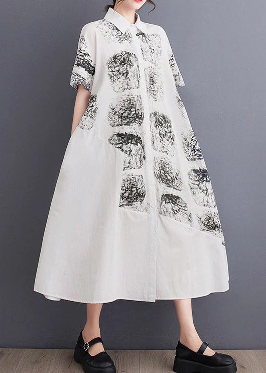 Women White Peter Pan Collar Print Long Shirt Dress Summer - Image 3