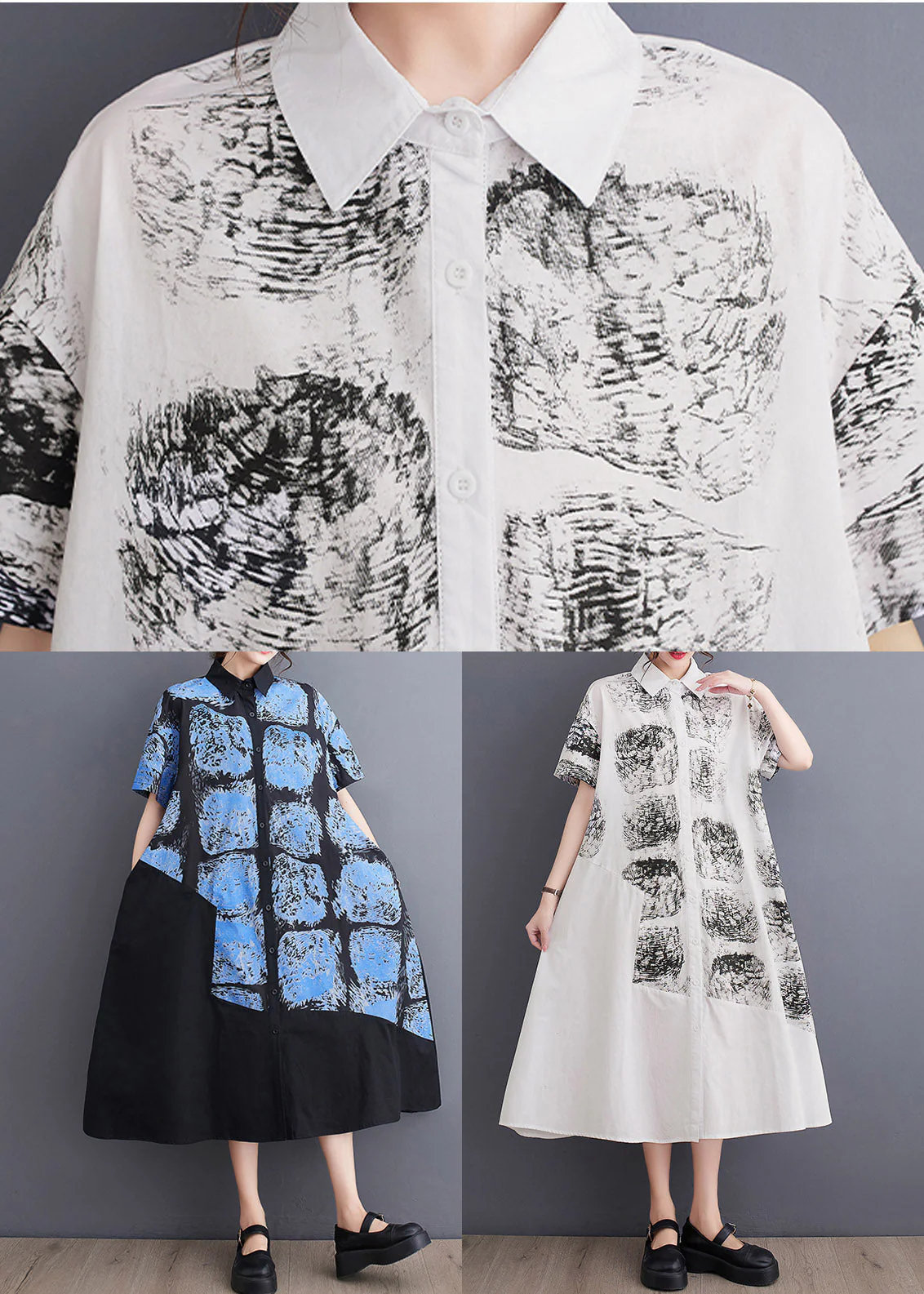 Women White Peter Pan Collar Print Long Shirt Dress Summer - Image 4
