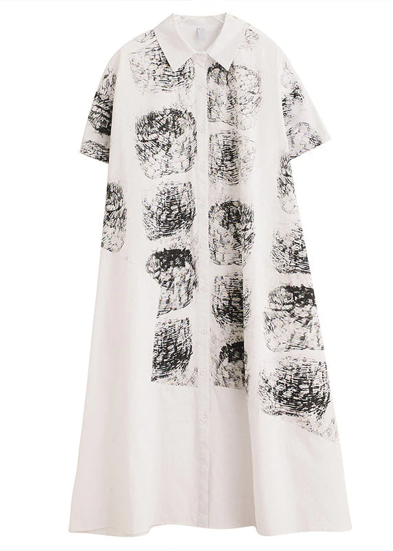 Women White Peter Pan Collar Print Long Shirt Dress Summer - Image 5