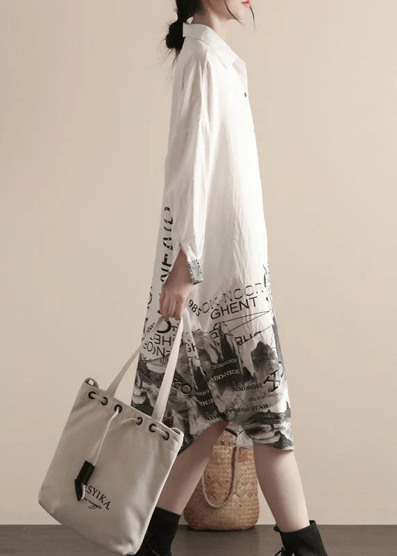 Women White Peter Pan Collar Print Patchwork Linen Shirts Dresses Spring - Image 3
