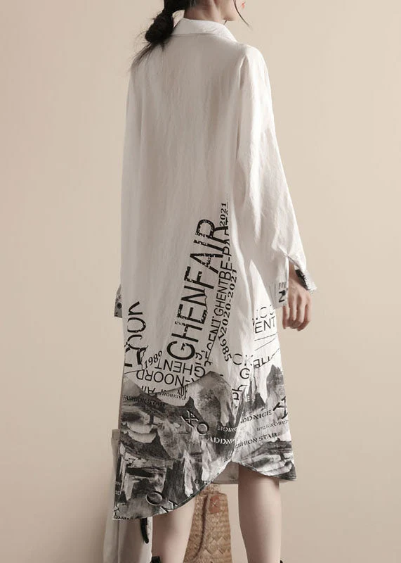 Women White Peter Pan Collar Print Patchwork Linen Shirts Dresses Spring - Image 4