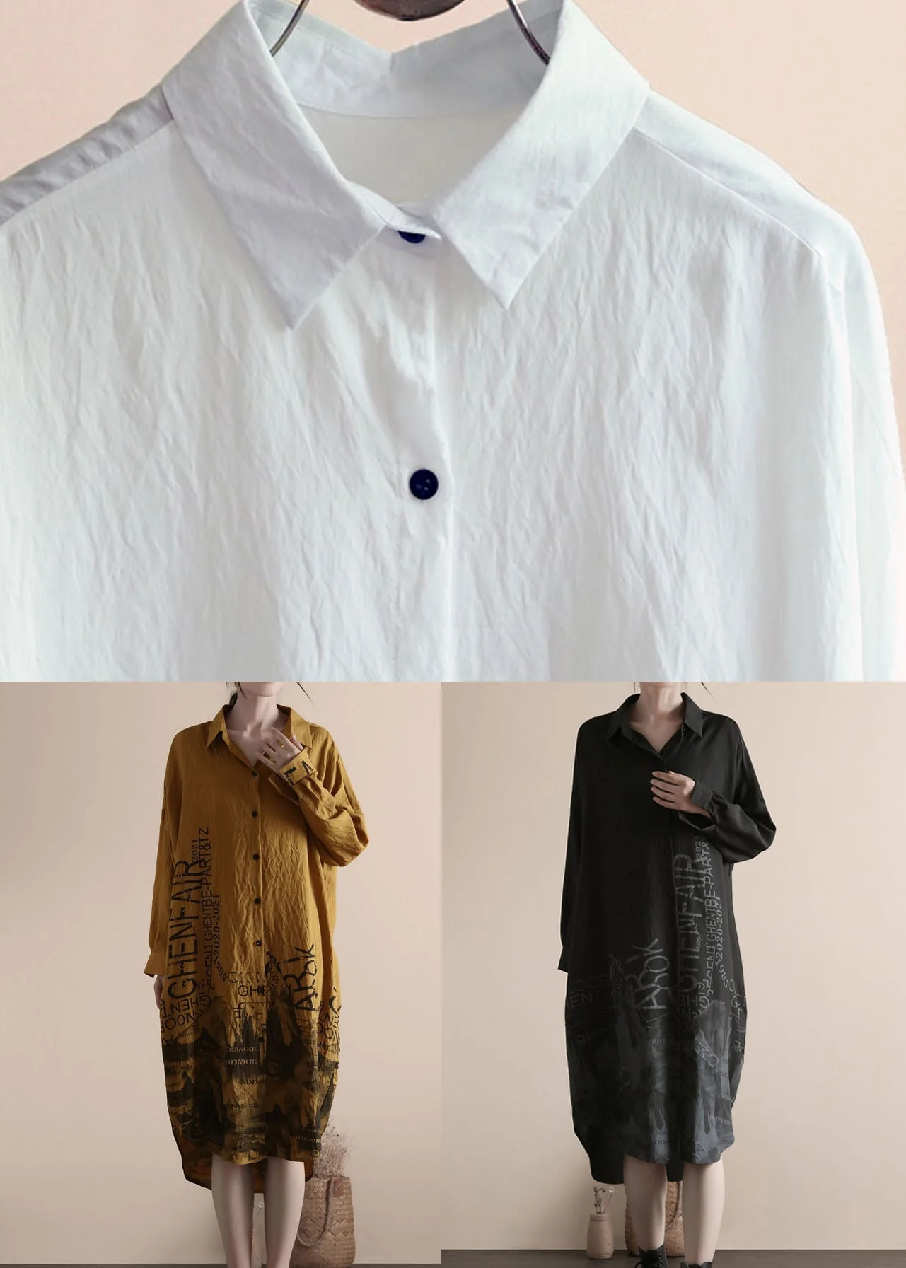 Women White Peter Pan Collar Print Patchwork Linen Shirts Dresses Spring - Image 5