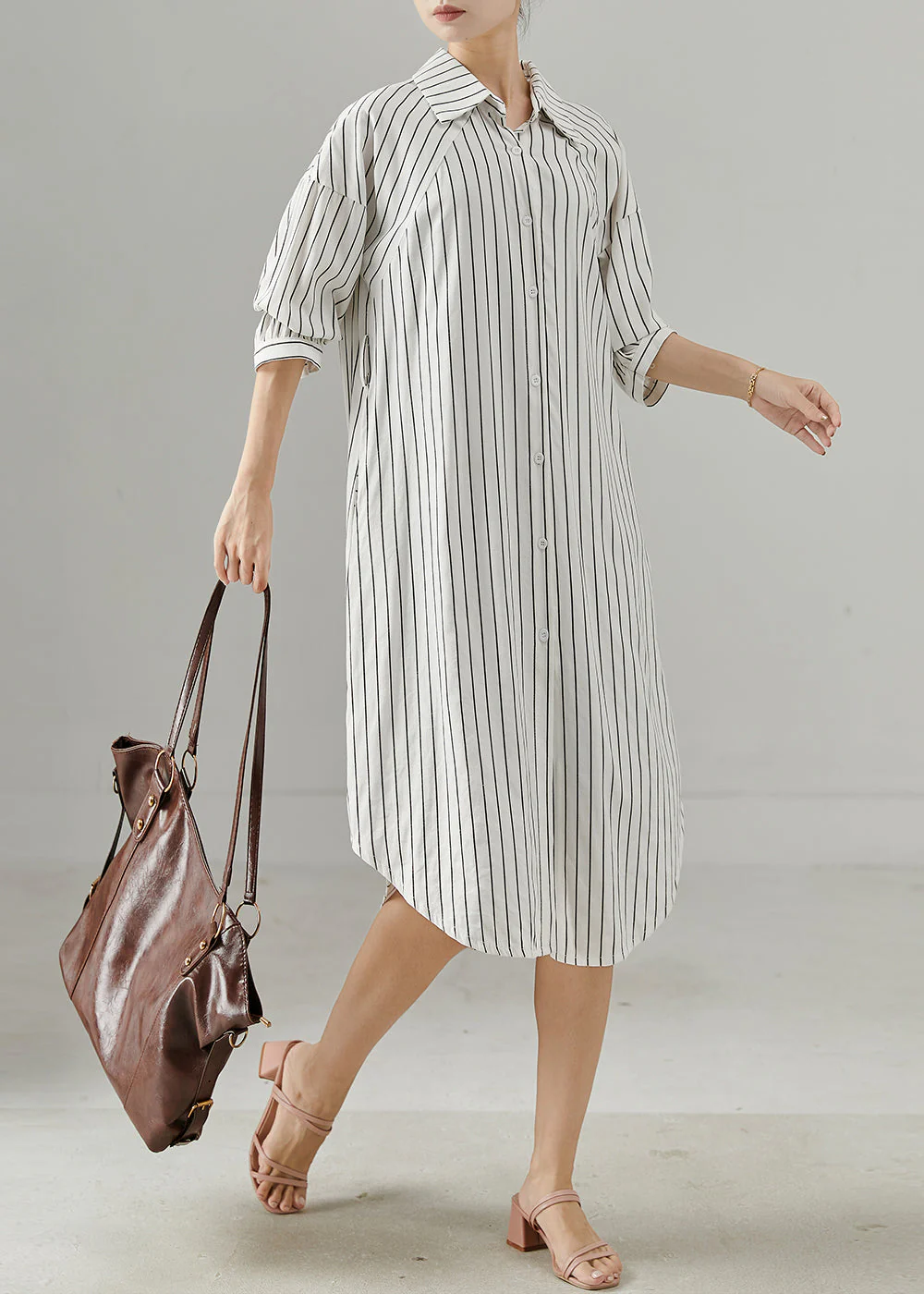 Women White Peter Pan Collar Striped Cotton Shirt Dresses Spring