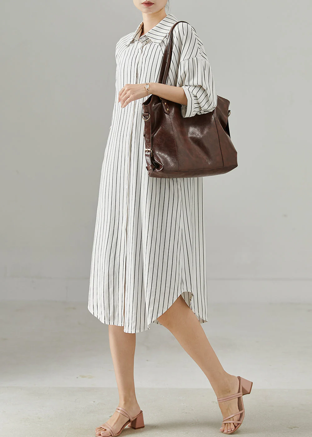 Women White Peter Pan Collar Striped Cotton Shirt Dresses Spring - Image 2