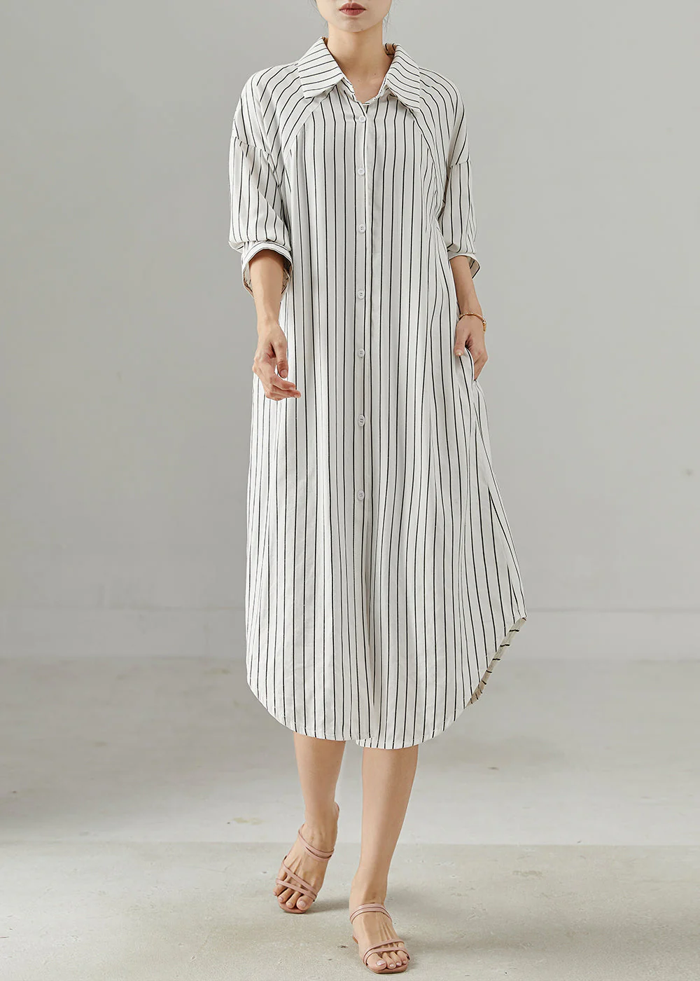 Women White Peter Pan Collar Striped Cotton Shirt Dresses Spring - Image 3