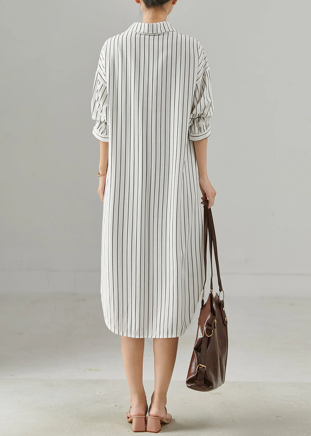 Women White Peter Pan Collar Striped Cotton Shirt Dresses Spring - Image 4
