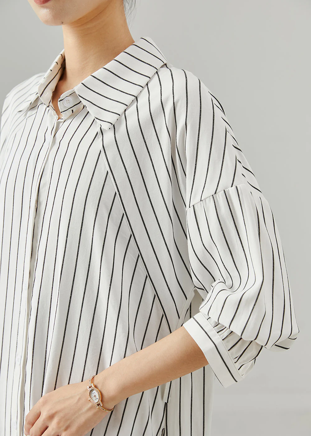 Women White Peter Pan Collar Striped Cotton Shirt Dresses Spring - Image 5