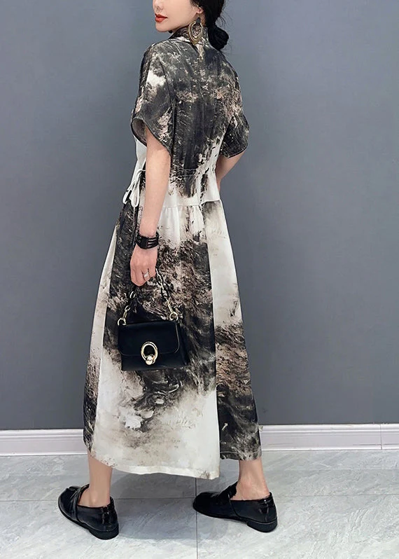 Women White Peter Pan Collar Tie Dye Cotton Cinched Dresses Summer - Image 3