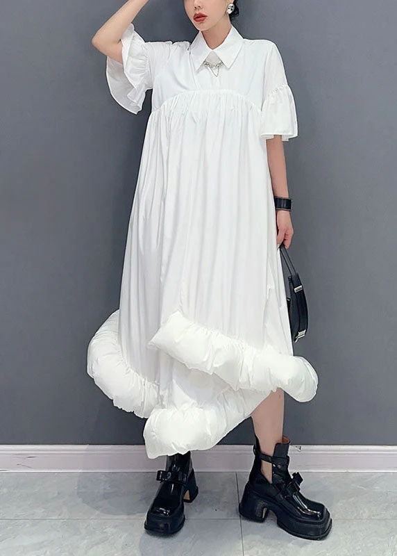 Women White Peter Pan Collar Wrinkled Patchwork Cotton Shirts Dress Summer - Image 2
