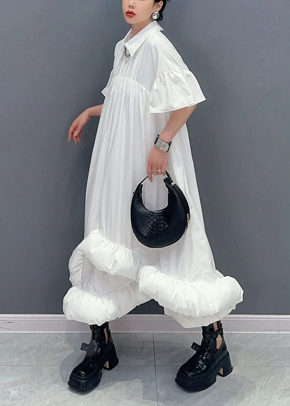 Women White Peter Pan Collar Wrinkled Patchwork Cotton Shirts Dress Summer - Image 3