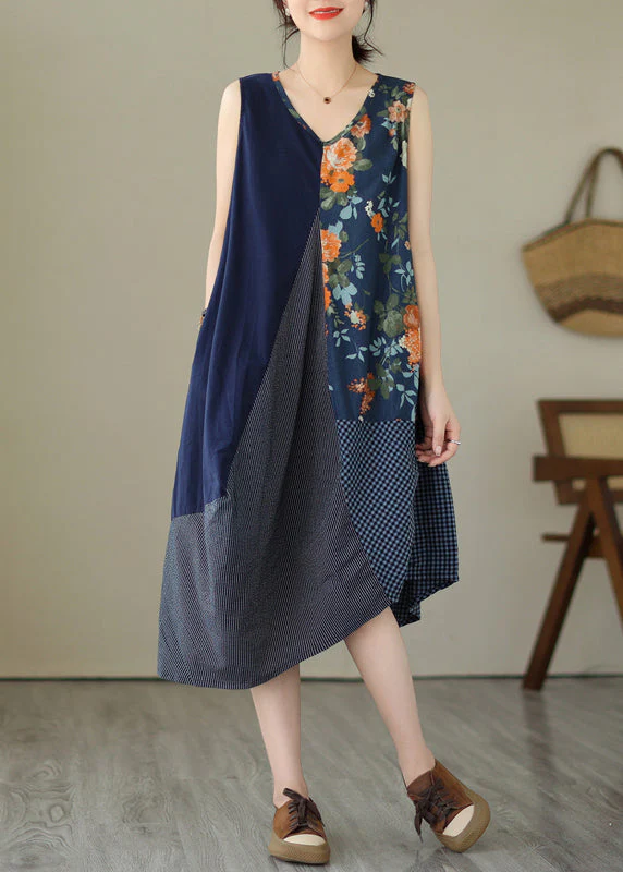 Women White Plaid Asymmetrical Print Cotton Dress Sleeveless - Image 2