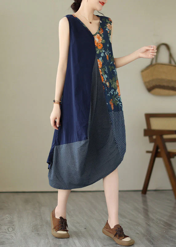 Women White Plaid Asymmetrical Print Cotton Dress Sleeveless - Image 3