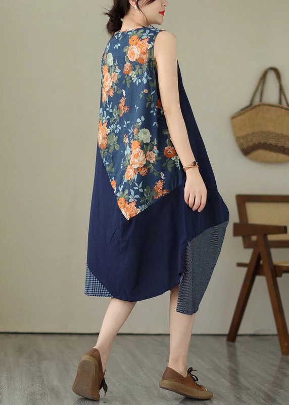 Women White Plaid Asymmetrical Print Cotton Dress Sleeveless - Image 4
