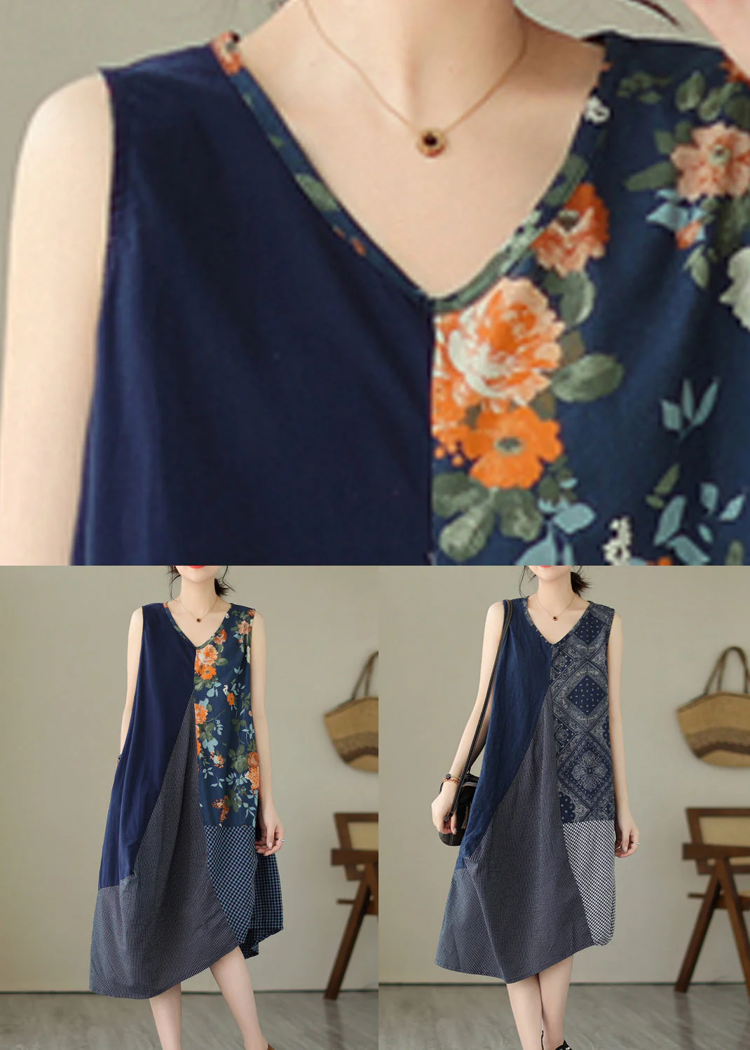 Women White Plaid Asymmetrical Print Cotton Dress Sleeveless - Image 5