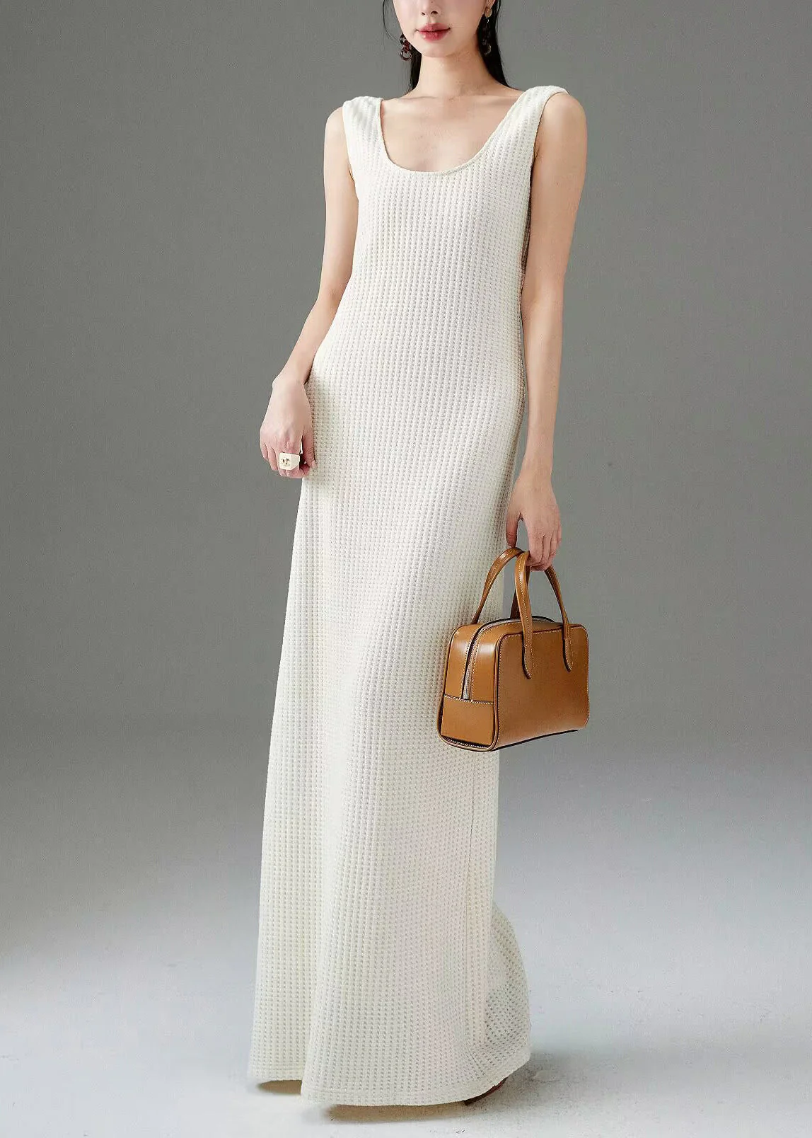 Women White Plaid Solid Cotton Long Dress Sleeveless