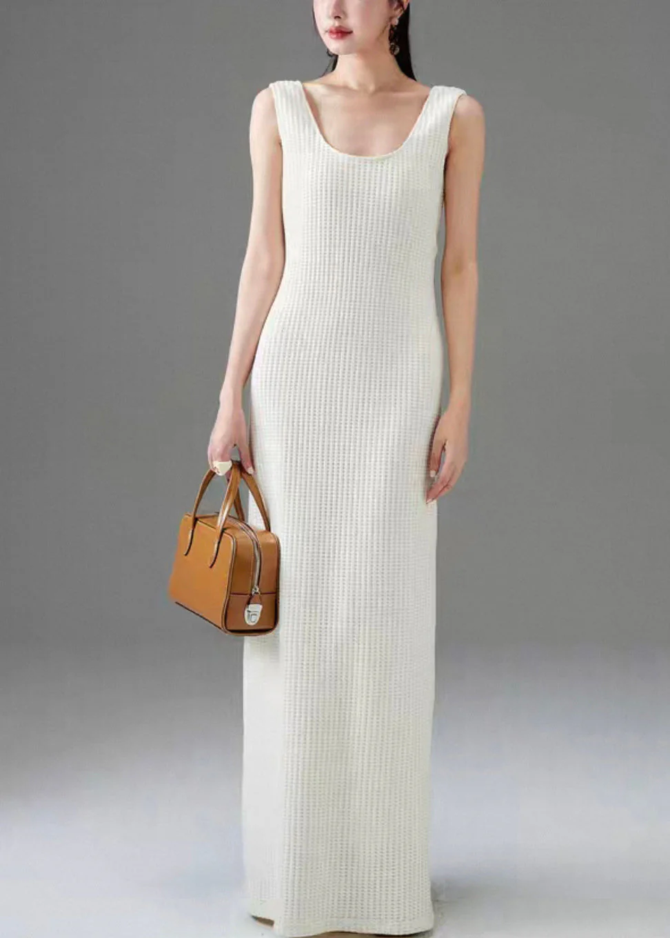 Women White Plaid Solid Cotton Long Dress Sleeveless - Image 2