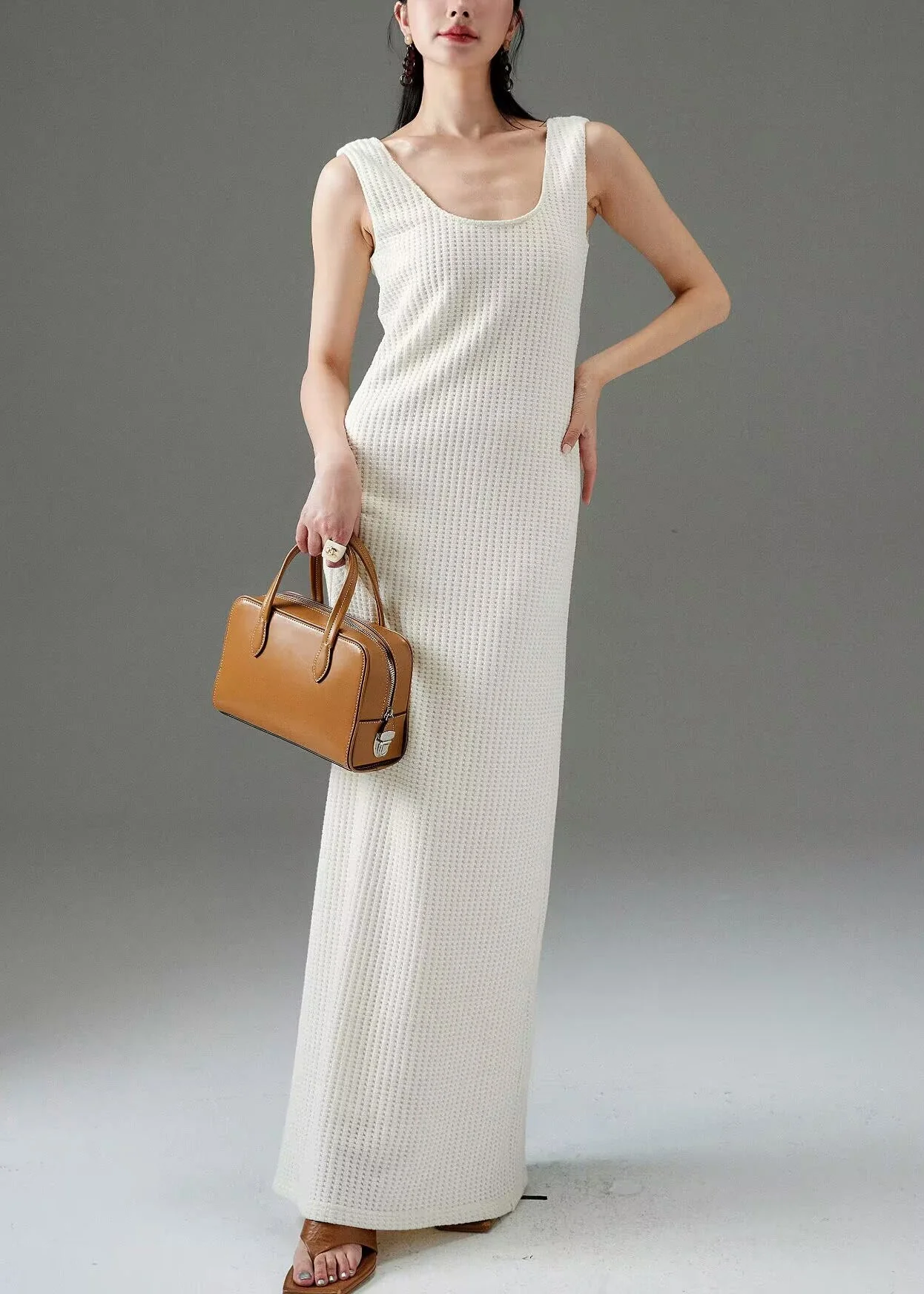Women White Plaid Solid Cotton Long Dress Sleeveless - Image 3
