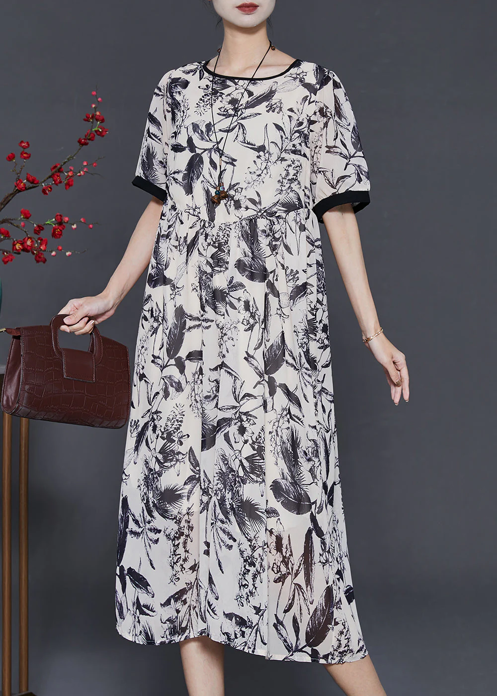 Women White Print Chiffon Party Dress Summer - Image 2
