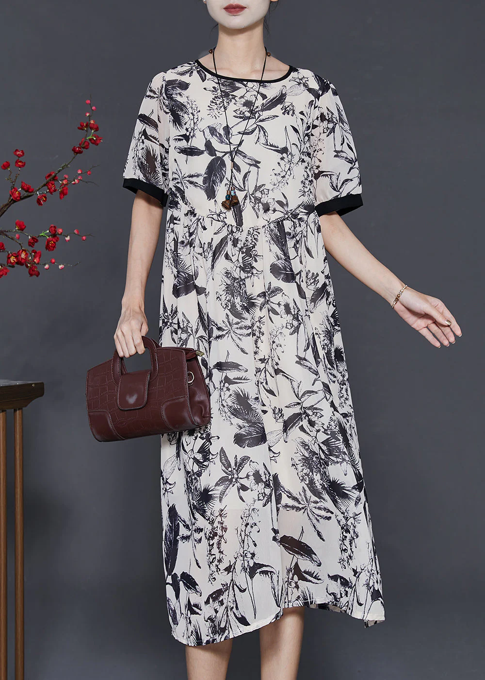 Women White Print Chiffon Party Dress Summer - Image 3
