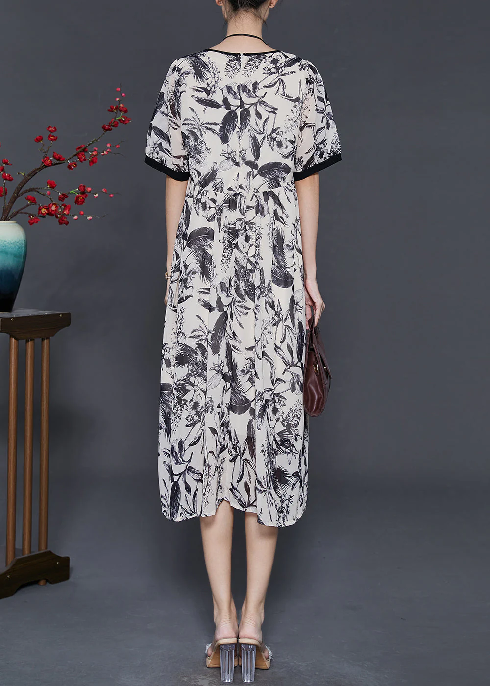 Women White Print Chiffon Party Dress Summer - Image 4