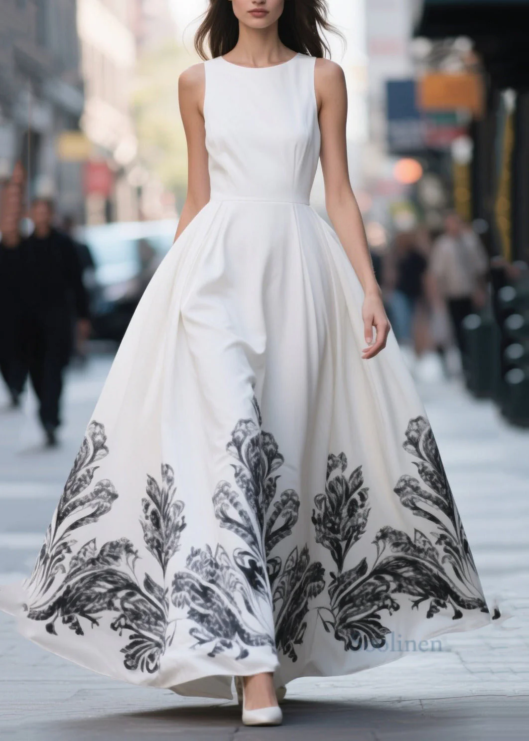 Women White Print Exra Large Hem Chiffon Party Dresses Summer - Image 3