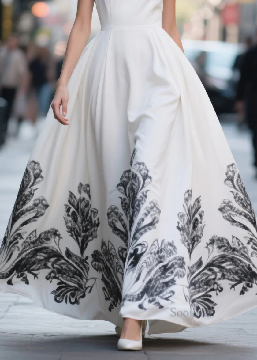 Women White Print Exra Large Hem Chiffon Party Dresses Summer - Image 4