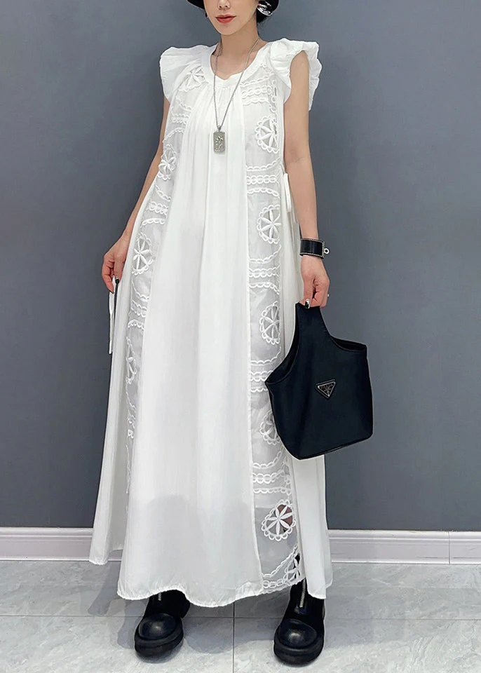 Women White Puff Sleeve Patchwork Lace A Line Dress Sleeveless - Image 2