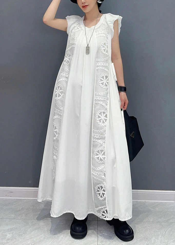 Women White Puff Sleeve Patchwork Lace A Line Dress Sleeveless - Image 3