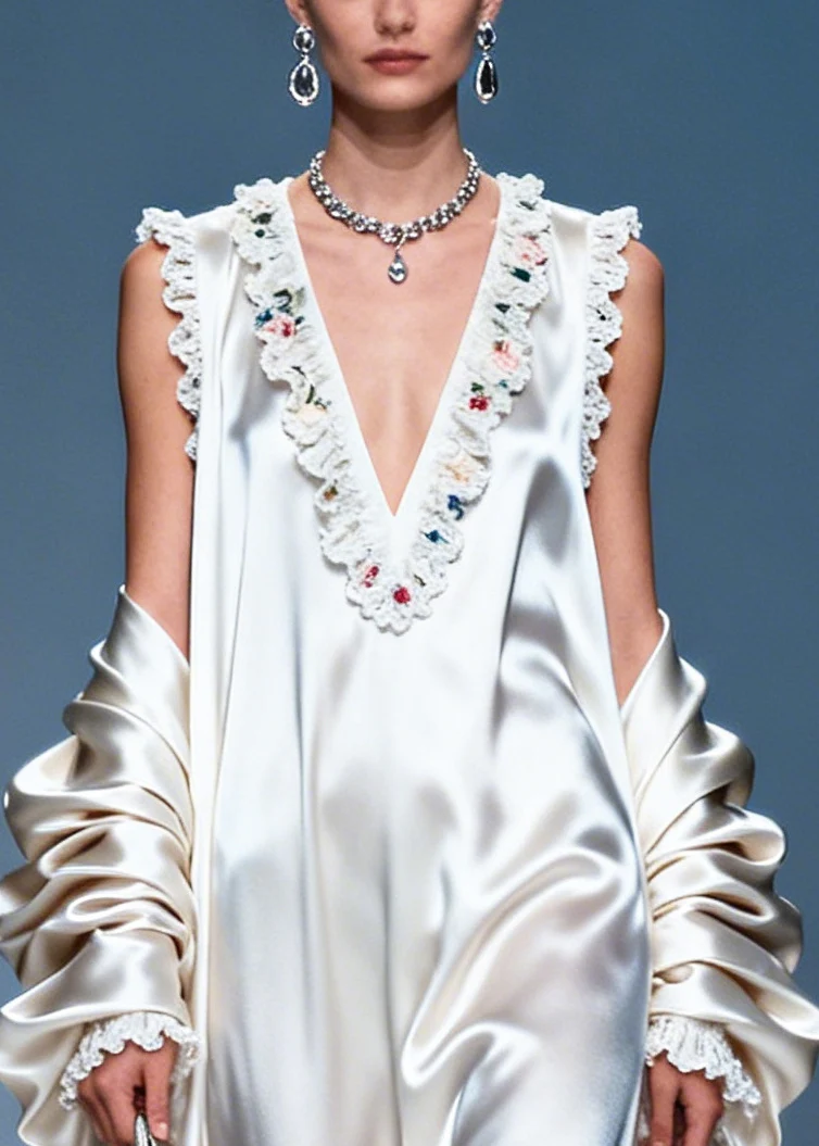 Women White Ruffled Exra Large Hem Silk Party Dress Summer - Image 2