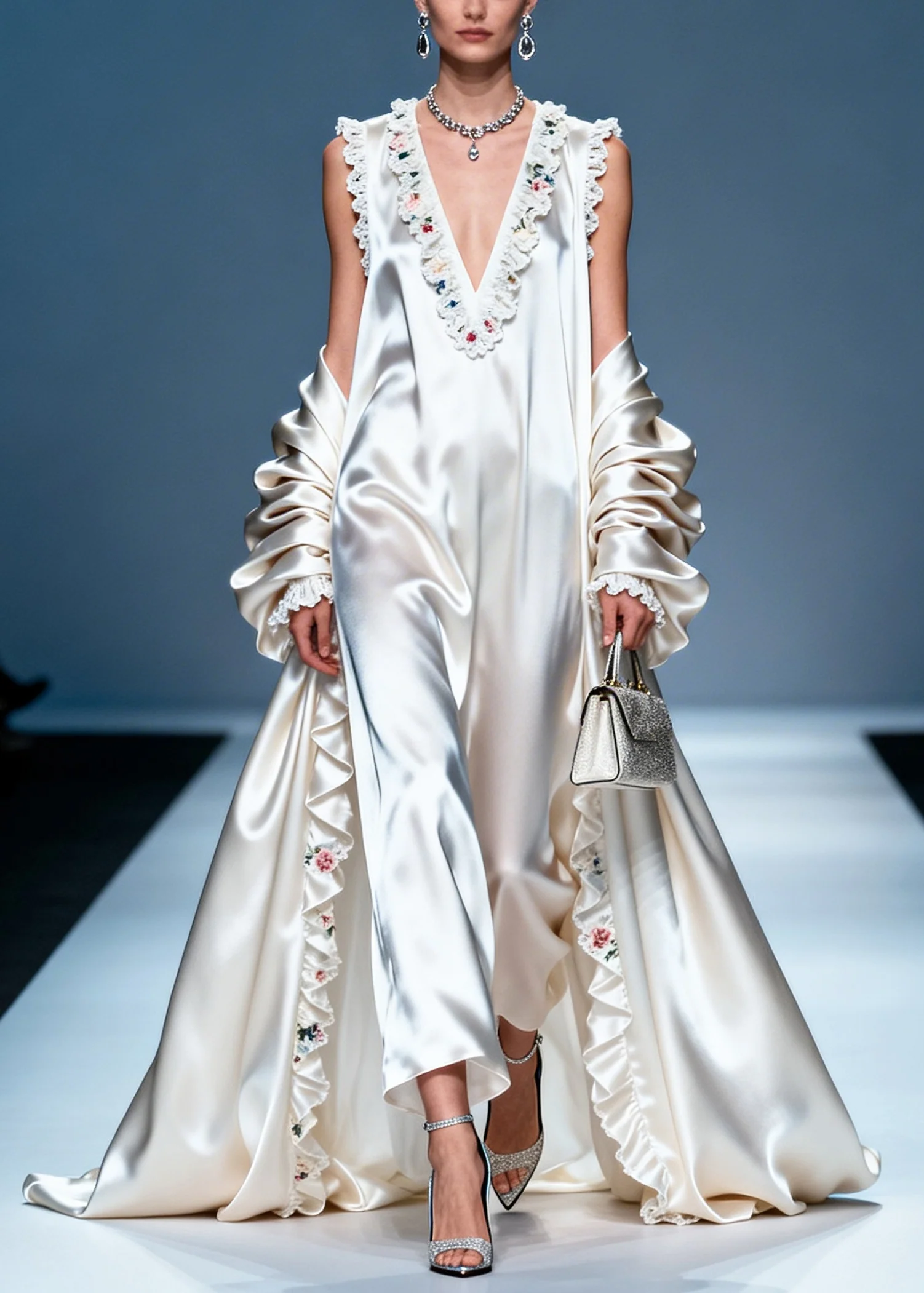 Women White Ruffled Exra Large Hem Silk Party Dress Summer - Image 3