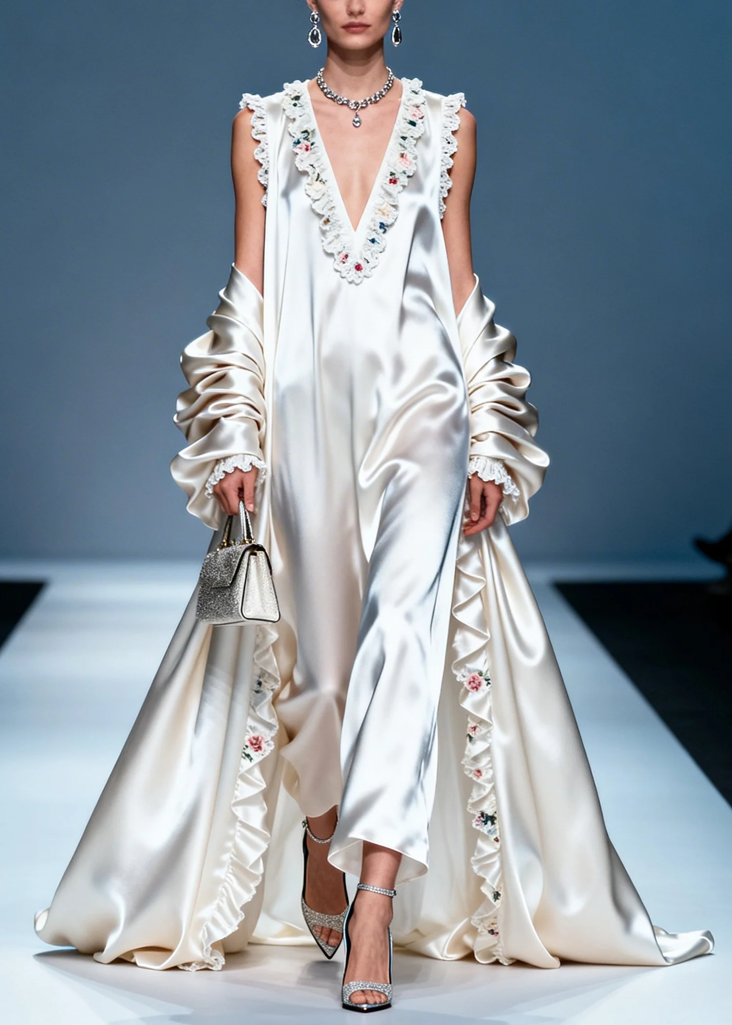 Women White Ruffled Exra Large Hem Silk Party Dress Summer - Image 5