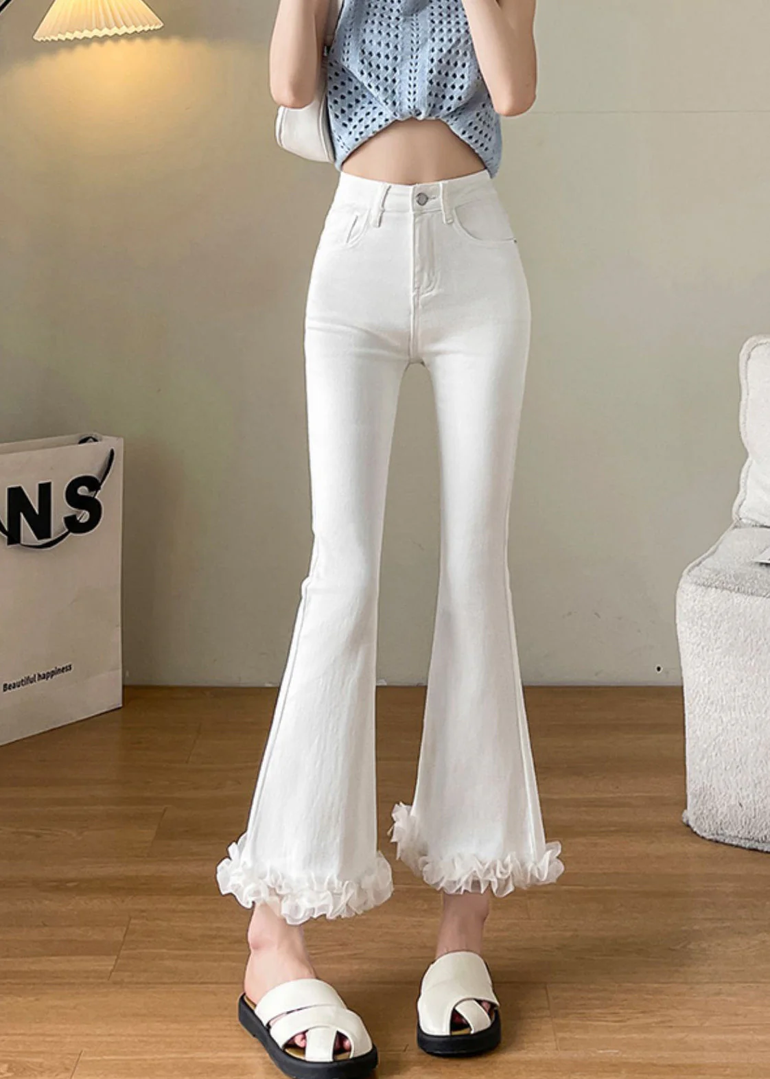 Women White Ruffled Patchwork Denim Flare Bottoms Fall - Image 2