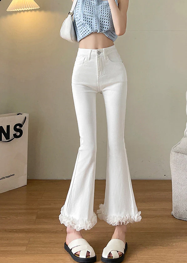 Women White Ruffled Patchwork Denim Flare Bottoms Fall - Image 3