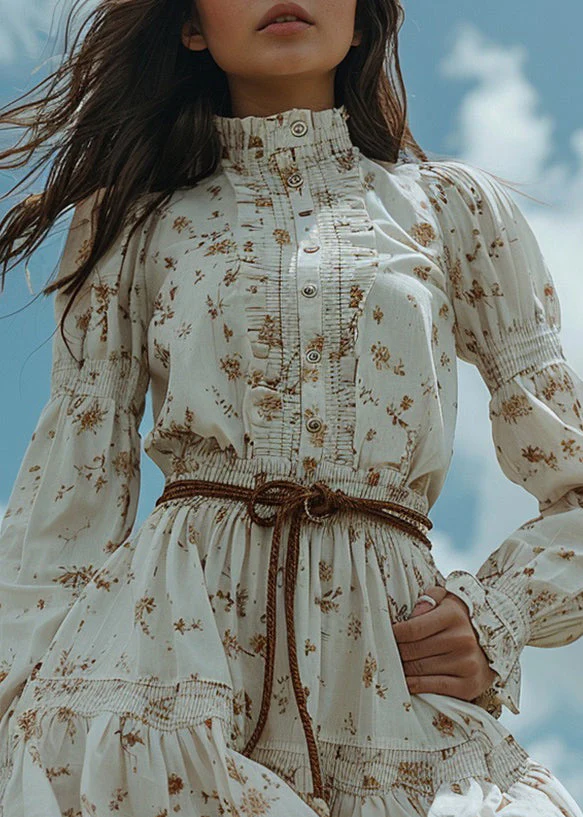 Women White Ruffled Print Patchwork Cotton Dress Long Sleeve - Image 2